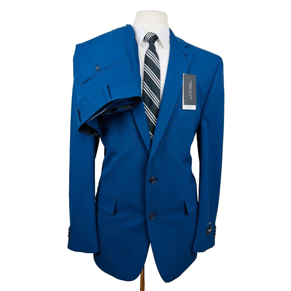 $395 NEW PERRY ELLIS Mens 44L Solid Blue 2 Piece Suit With Dress Pants 37x33